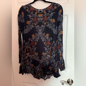Free People Black Floral V-Neck Tunic with Rust and Mustard Accents